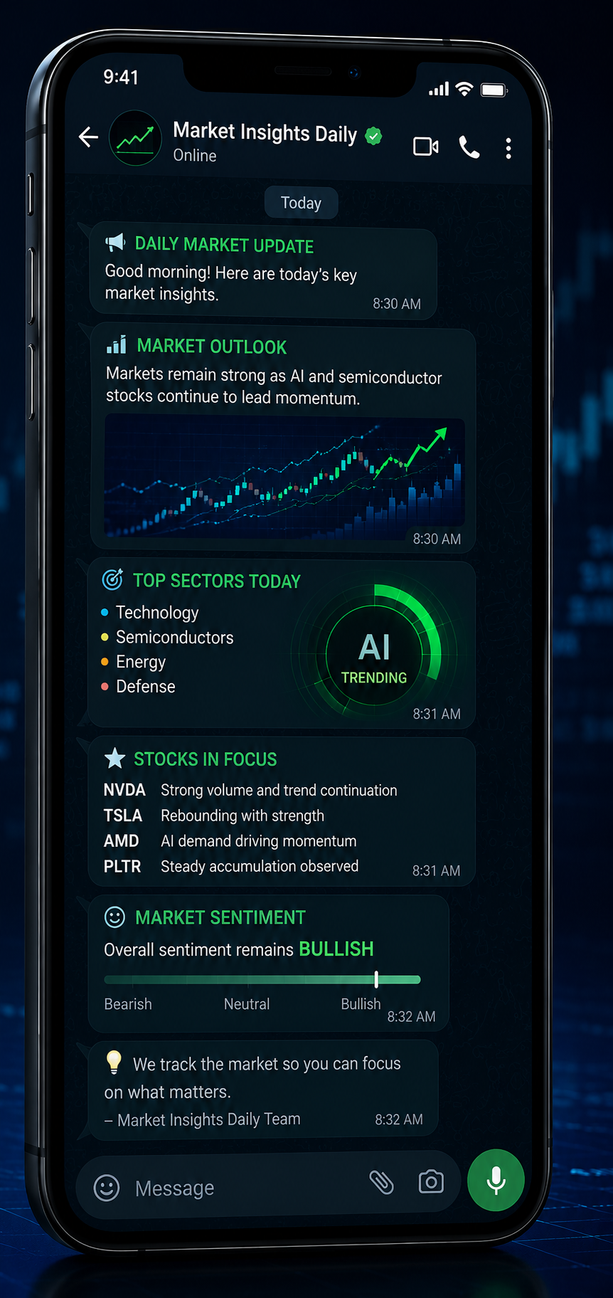 WhatsApp message interface with market updates
